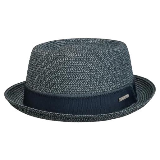 Stetson cappello di paglia ruviano pork pie donna/uomo - estivo con nastro in grosgrain primavera/estate - l (58-59 cm) blu scuro