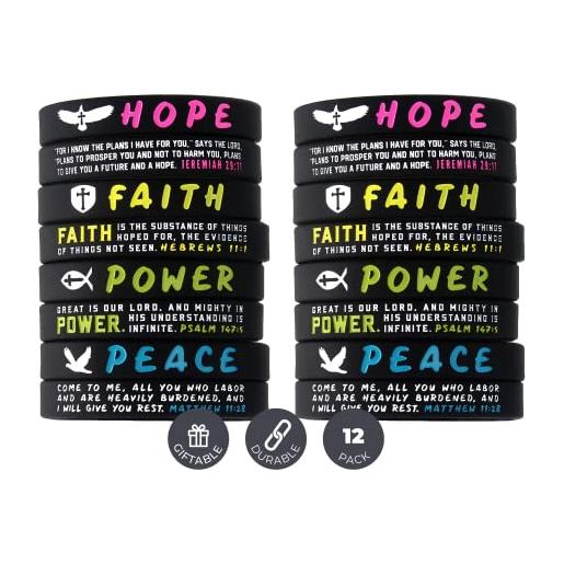 Inkstone pack of 12, fede, speranza, potere, pace - braccialetti di preghiera ispirati - confezione all'ingrosso da 1 dozzina di cinturini da polso in silicone per uomini donne adolescenti