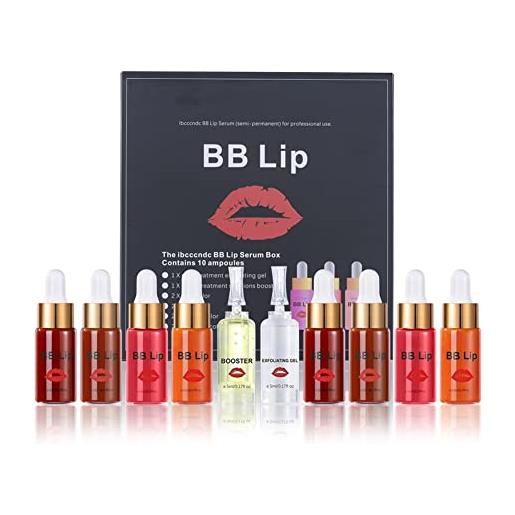 Ofanyia bb lips serum kit, trattamento di make-up semipermanente, siero per labbra lucide, 4 colori di pigmenti liquidi per labbra, gel esfoliante e booster incluso