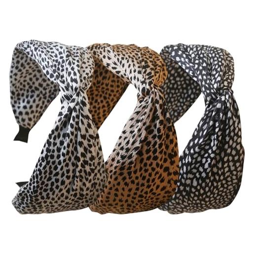 HUANMAYE 3pcs donne fasce larghe tessuto antiscivolo cerchietti elastico twist fascia ampia bow knot headwrap alice capelli bande per le donne uk (leopard hairband)