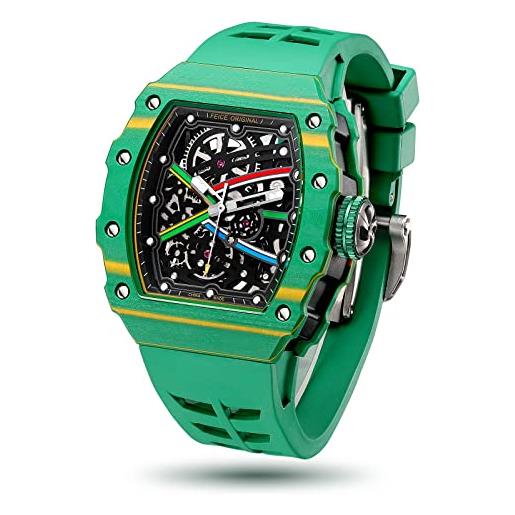 FEICE orologio automatico da uomo vetro zaffiro scheletro verde orologi meccanici cinturino in gomma fluoro impermeabile