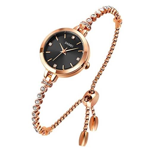 Tonnier orologio al quarzo analogico mosaico con diamanti orologio da abito per donna impermeabile orologio da polso con bracciale oro rosa, black. Bracelet