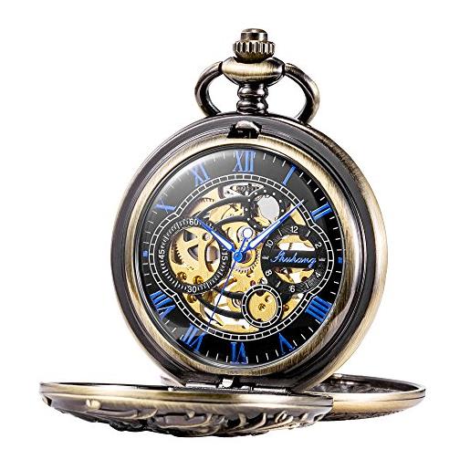 TREEWETO - orologio da tasca unisex, con catena, analogico, caricamento a mano, doppia cerniera, scheletrato, design con drago, antico, bronzo