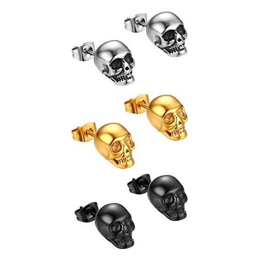 Cupimatch [3 paia orecchini uomo teschio cranio in acciaio inossidabile lucidato stile hip hop punk alla moda colore oro nero argento perfetto regalo