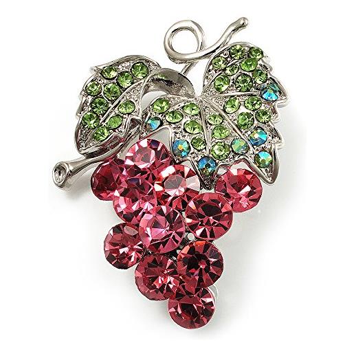 Avalaya spilla a grappolo d'uva con diamanti (rosa e verde chiaro, tonalità argento), misura unica, pietre preziose, metallo, argento
