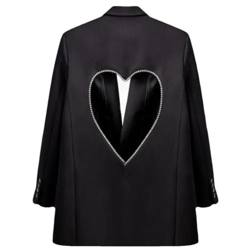 Bciopll blazer neri da donna cappotti a maniche lunghe con intaglio con motivo a cuore e strass patchwork black m