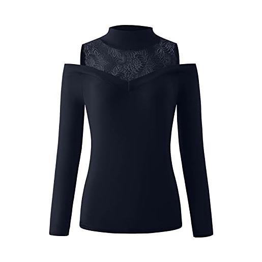 Caisell donne pizzo patchwork camicia spalla fredda dolcevita top tee femminile manica lunga camicetta pullover, nero, m
