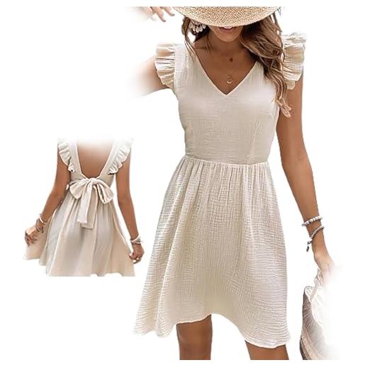 BOSONS women's mini dress v neck flutter sleeve back self tie, 2024 new summer fashionable casual dress (off white, small)