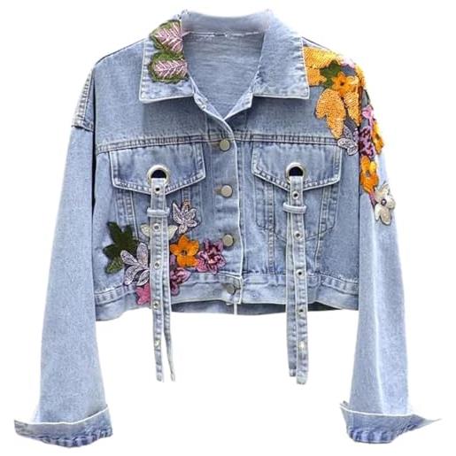 Yeooa giacca di jeans da donna giacca di jeans elastica corta con ricamo floreale per unghie giacca di jeans casual moda hip -hop di strada (blu, s)