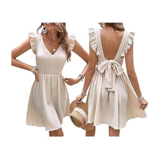 SARAYO women's cotton mini dress, v neck flutter sleeve short dresses, back self tie a line dress, summer casual flowy beachwear (beige, m)