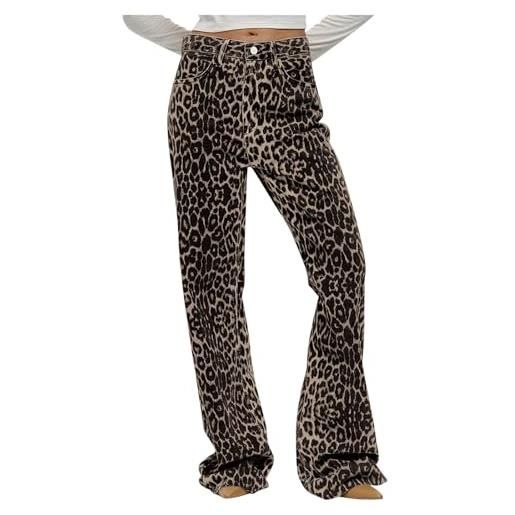 HAOLEI jeans con leopardo donna & uomo pantaloni in denim femminile oversize gamba larga pantaloni street wear hip hop vintage cotone allentato casual jeans con leopardo marrone da donna