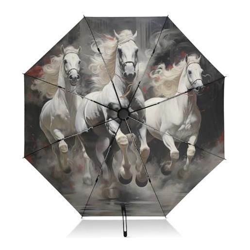LINNIKEEEE cavalli bianchi di arte ad olio ombrello pieghevole automatico auto apri chiudi protezione uv ombrelli per spiaggia donne bambini