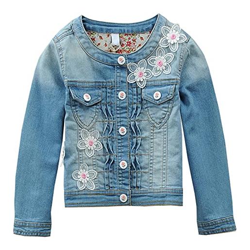 LSHEL giacca jeans bambina con un grazioso cappotto con colletto a fiori capispalla primaverili e autunnali per età 2-11 anni, blu, 120
