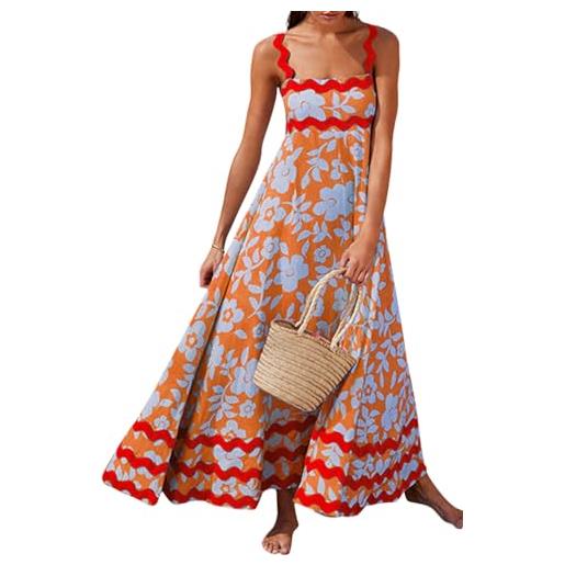 shownicer vestito donna casual senza maniche maxi vestito stampa floreale estivi vita alta abiti lungo a-line vestito con volant da spiaggia c arancione xl