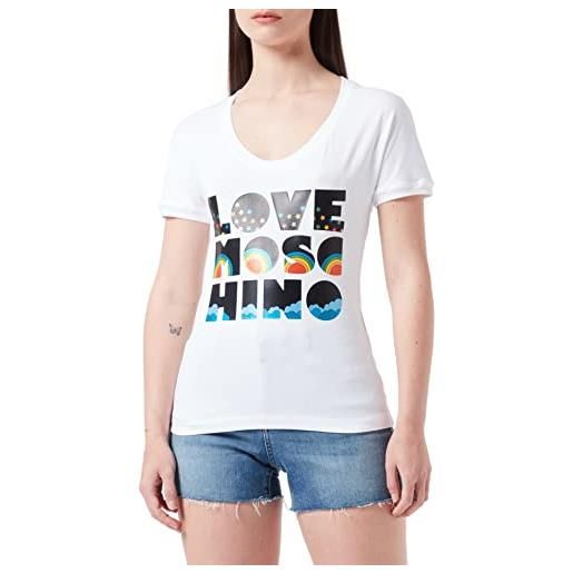 Love Moschino jersey di cotone con collo rotondo profondo e pannello only good vibes lm t-shirt, bianco, 48 donna