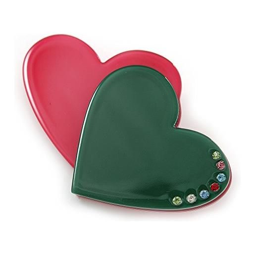 Avalaya spilla a forma di doppio cuore in acrilico con cristalli austriaci magenta/verde scuro, 70 mm di diametro, misura unica, plastica