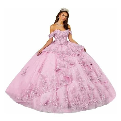 TSxuelian abito da donna floreale con spalle scoperte in pizzo applique abiti quinceanera abiti con perline dolce 16 vestito, rosa chiaro, 42