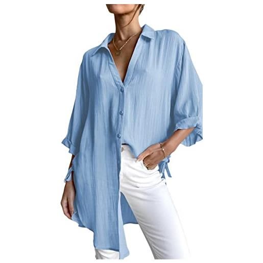 Youllyuu camicia lunga in lino di cotone allentato camicia da donna abbottonata bianca camicetta solida ufficio signora top, azzurro, l