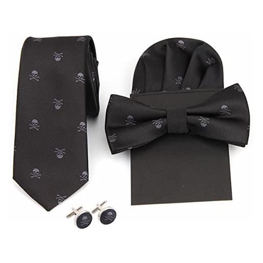 WANYING uomo 4 in 1 set cravatta sottile 6cm & papillon pre-legato & fazzoletto da taschino & gemelli yuppie tendenza casual cool - motivo teschio viola & bianco