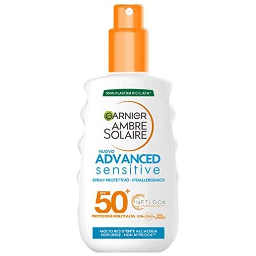 Garnier ambre solaire spray protettivo advanced sensitive, viso e corpo, con protezione molto alta spf 50+, formula ipoallergenica resistente a acqua, sale e cloro, 200 ml