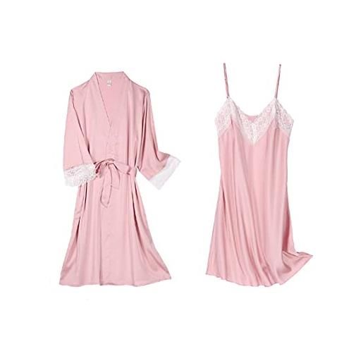 DEBAIJIA donna pigiama camicia notte 2 pezzi imitava la seta signora raso da accappatoio femminile sleepwear traspirante accogliente (rosa-m)