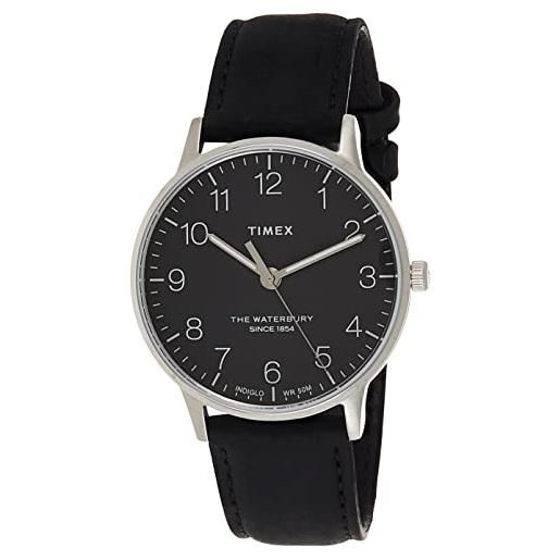 Timex orologio waterbury 40mm da uomo - cassa in acciaio inossidabile con quadrante nero e cinturino in pelle nera tw2v01500