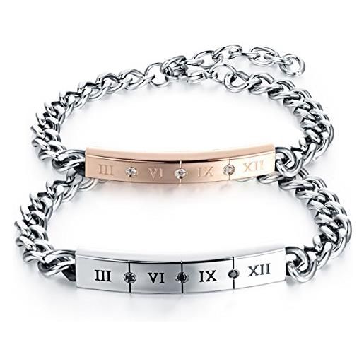 OIDEA bracciale braccialetto per coppia lovers braccialetto in acciaio inox numeri romani mosaico zircone regalo per amante argento oro(1 coppia)