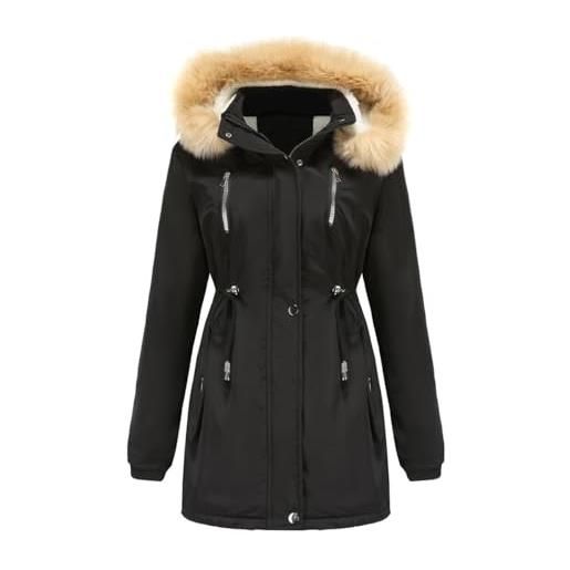 YFFUSHI giacca invernale da donna, calda pelliccia sintetica, con cappuccio, maniche lunghe, foderato in pile, alla moda, nero , xl