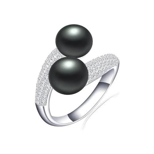 BISONBLUE anello donna anelli regalo gioielli accessori moda anello da donna con doppia perla regolabile con perla d'acqua dolce naturale 925 nera