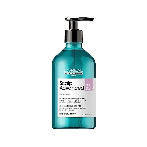 L'Oréal Professionnel Paris shampoo lenitivo, per cuoio capelluto sensibile, per capelli luminosi e setosi, con niacinamide, anti-discomfort, scalp advanced, 500 ml