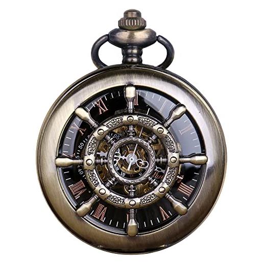 Tiong orologio da tasca vintage con catena meccanica numeri romani steampunk orologio da tasca scheletro per compleanno natale migliori regali e confezione regalo, pjx1463, retrò
