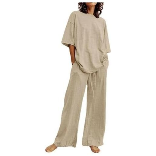 Generic pigiama a due pezzi da donna set pigiama in cotone e lino da notte, completo da notte a maniche corte, top e pantaloni larghi-marrone chiaro-s