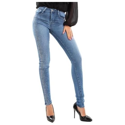 Toocool jeans donna pantaloni skinny denim strass push up cy-1106 [xs, blu]