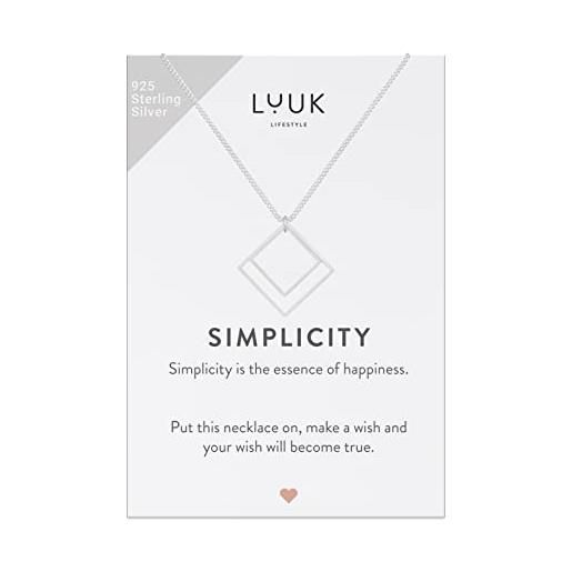 LUUK LIFESTYLE girocollo in argento sterling 925 con pendente rombo, forma geometrica e messaggio abbinato simplicity, portafortuna, femminile, argento