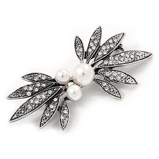 Avalaya - spilla a forma di fiore in argento con perle finte e strass, lunghezza 7 cm