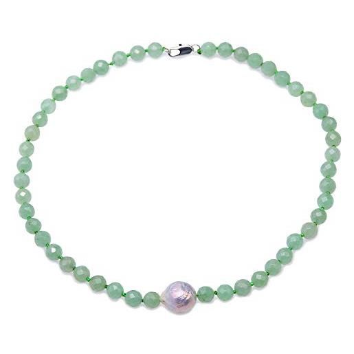 JYX Pearl jyx - collana di giada con pietra preziosa, giada verde sfaccettata da 8-8,5 mm, con una grande perla bianca irregolare, da donna, 45,7 cm