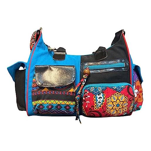 Macha borsa con multipocket cotone e pelle borsa a tracolla stile indiano con stampe colorate per le donne, nero , width: 34 cm height: 28 cm. Gusset: 12 cm