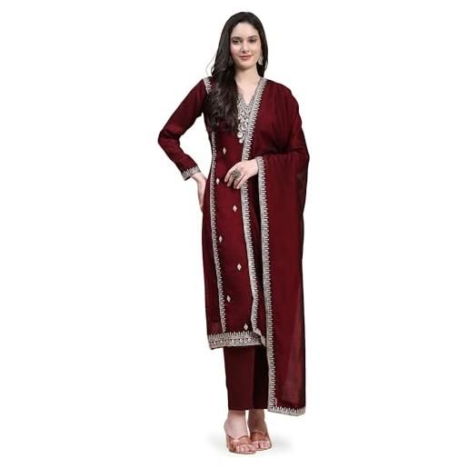 Trendmalls set da donna vichitra in seta con ricamo salwar pantaloni kurta con dupatta marrone kurta set per le donne, rosso cupo, l