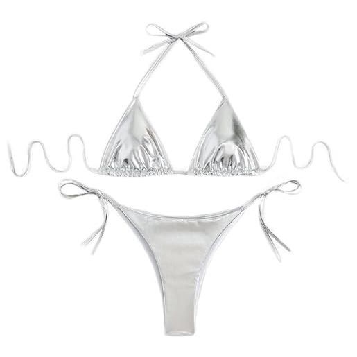 THSCWY bikini da donna metallizzato, con allacciatura al collo, due pezzi, con laccetti laterali a triangolo, con imbottitura, argento, m