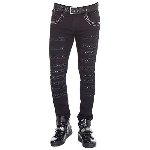 Cipo & Baxx jeans da uomo destroyed frayed slim fit design denim pantaloni con borchie cd409, nero , w31