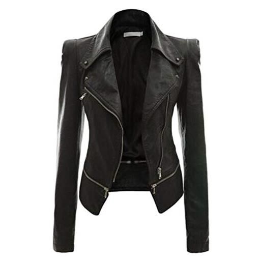 Yuanu donna autunno inverno ecopelle pu giacca da moto outwear colore solido manica lunga risvolto cerniera giubbotto cappotto nero xl