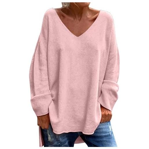 Zelbuck womens fall fashion 2024 long sleeve tunic top v neck side split oversized pullover high low hem knit jumper sweater (pink, m) women's jackets, rosa, l