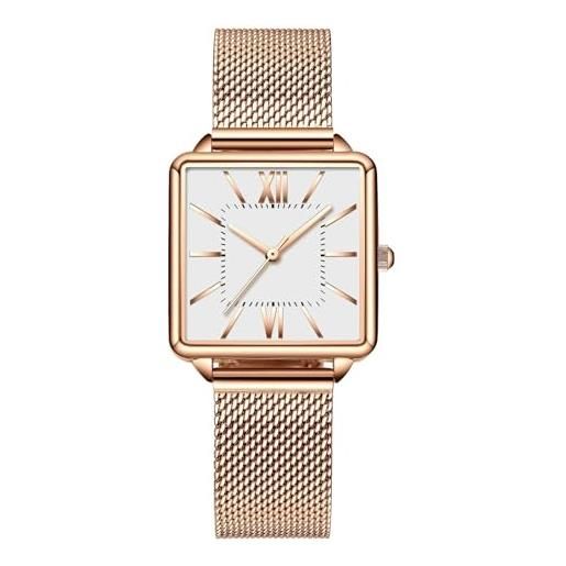 Tevimpeya orologio da polso analogico al quarzo da donna, con quadrante in acciaio inox, bianco e rosa, bianco + oro rosa, m