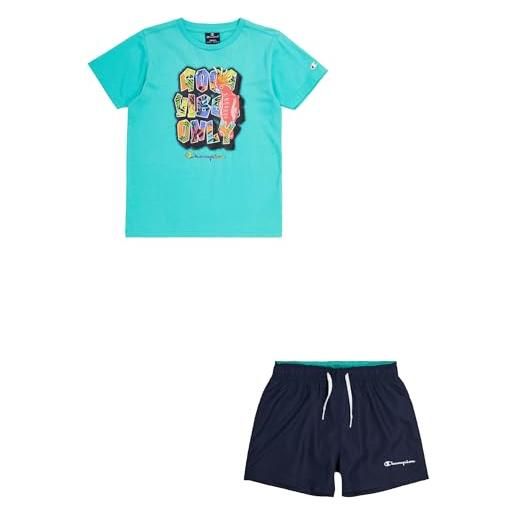 Champion legacy back to the beach b - graphic crewneck t-shirt & wr shorts completo, verde acquamarina/blu marino, 9-10 anni bambini e ragazzi ss24