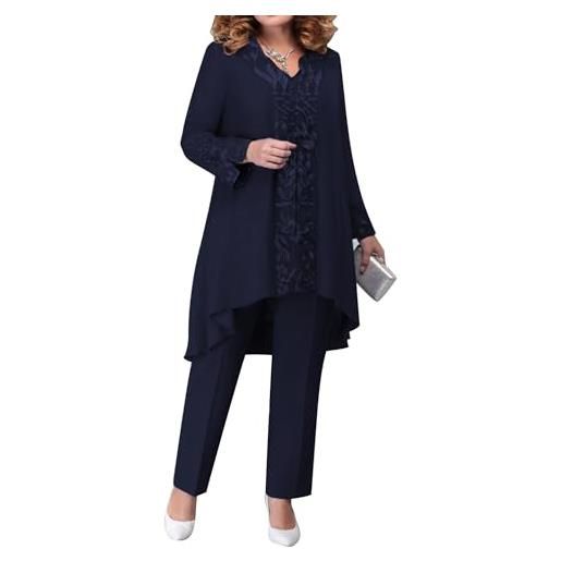 CHICTRY donna abito da cerimonia elegante camicia blusa cardigan a maniche lunghe + canotta in chiffon + pantaloni lunghi vestito da sera per mamma della sposa a blu scuro xxl