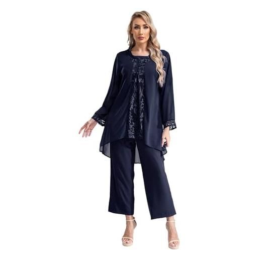 CHICTRY donna abito da cerimonia elegante camicia blusa cardigan a maniche lunghe + canotta in chiffon + pantaloni lunghi vestito da sera per mamma della sposa a blu scuro 3xl