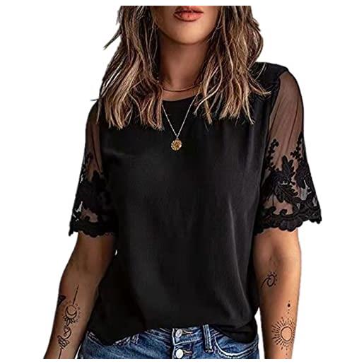 TUORE maglietta a maniche corte da donna, camicetta girocollo traspirante in tinta unita elegante pizzo per lo shopping (xl)