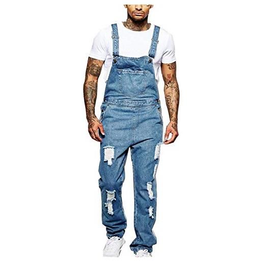 FANSU salopette da uomo con jeans, tuta di jeans strappati moda lavaggio rotto tasca pantaloni reggicalze pantaloni casual da elasticizzato (m, azzurro)