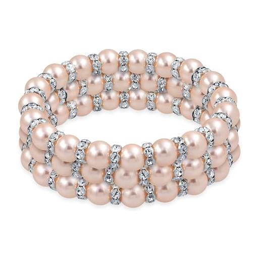 Bling Jewelry set di 3 braccialetti elastici impilabili con perle simulanti rosa chiaro per donne con spaziatori a rondella di cristallo bianco e base in ottone placcato argento