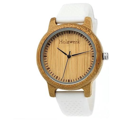 Holzwerk Germany®, orologio da uomo e donna, realizzato a mano, ecologico, vegano, in legno, analogico, al quarzo, con cinturino in silicone e cassa in legno, colore bianco, 